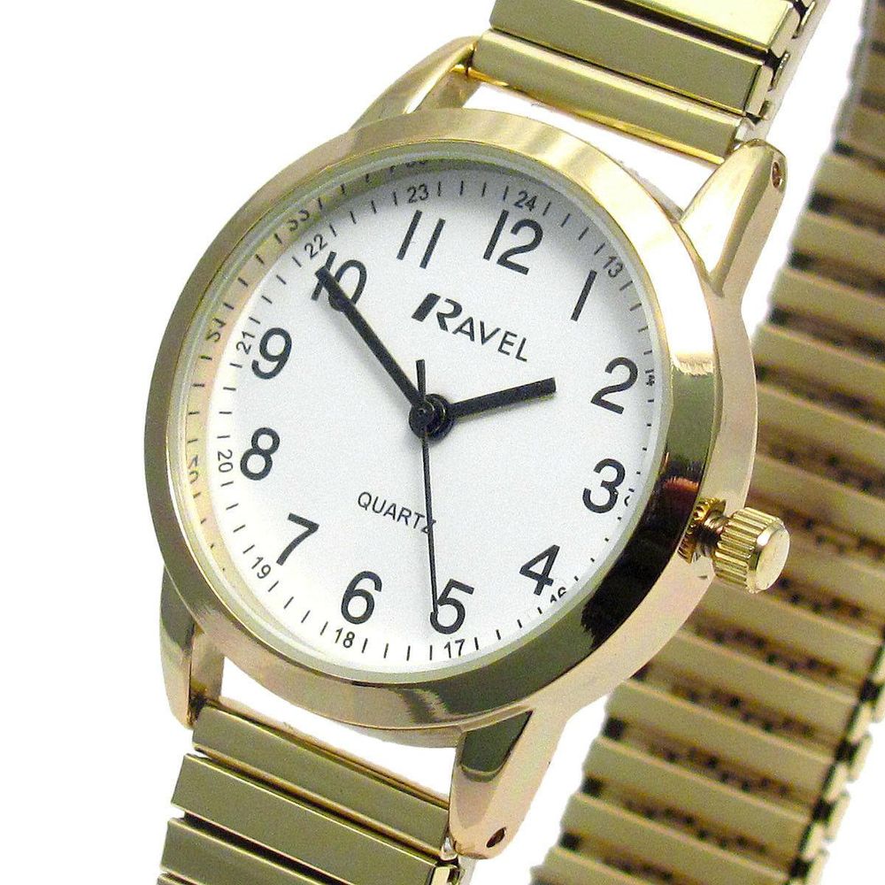 Ladies Bold Number White Dial Gold Expander Bracelet Watch