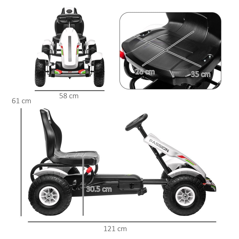 Kids Pedal Go Kart - Adjustable Seat, Inflatable Tyres, Handbrake - White