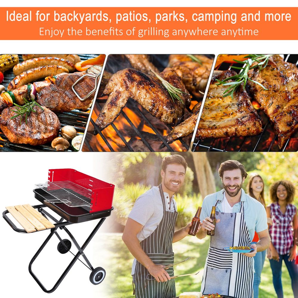 Portable Folding Charcoal BBQ Grill - Red & Black - Easy to Transport