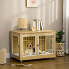 Luxury Dog Crate Furniture - End Table with Cushion, Double Door - Oak Tone