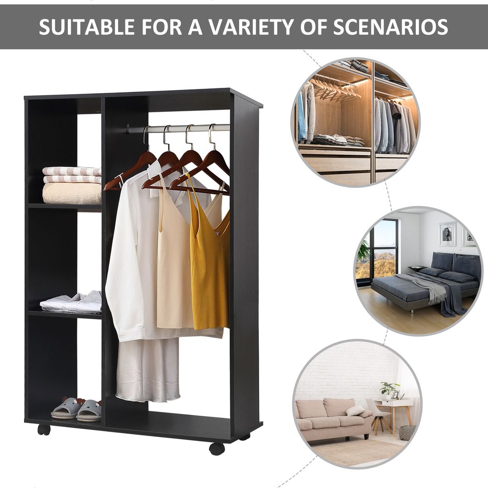 Space-Saving Rolling Open Wardrobe w/ Hanging Rail & Storage Shelves, Black