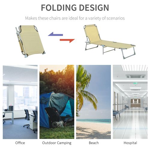 Reclining Sun Lounger Chair Folding Camping Bed with 4-Position Adjustable Backrest, for Travel Indoor Outdoor Office Fishing, Beige