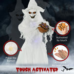 74 Inch Halloween Decorations White Witch Holding Pumpkin Head, Standing Skeleton Ghost Prop Life Size with Light Up Eyes and Body