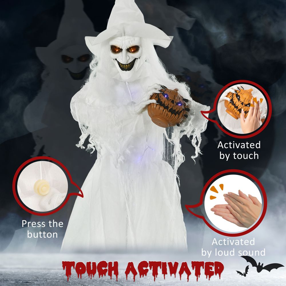 74 Inch Halloween Decorations White Witch Holding Pumpkin Head, Standing Skeleton Ghost Prop Life Size with Light Up Eyes and Body