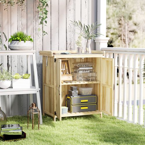 Wooden Garden Storage Shed w/Hinged Roof and Shelf, Natural Wood