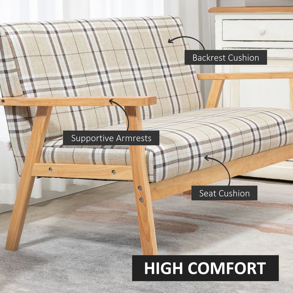2 Seater Sofa - Rubber Wood Frame - Linen Fabric Love Seat - Small Couch