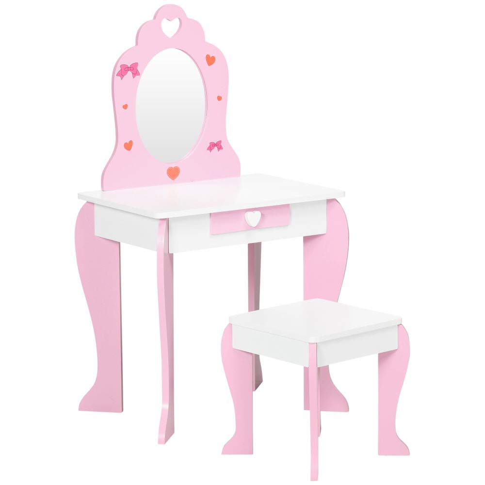 Kids Vanity Set w/ Mirror, Drawer, Cute Patterns, for Girls - Pink