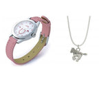 Deluxe Pink Horse Watch & Jewellery Set - Gifts for Kids, Silvertone Horse Necklace & Bracelet Included