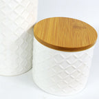 Set of Two Ceramic Jars Embossed Cream Canisters with Lids in Ceramic