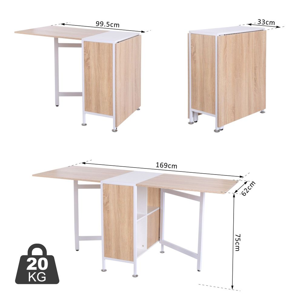 Foldable Drop Leaf Dining Table Folding Workstation for Small Space with Storage Shelves Cubes Oak & White