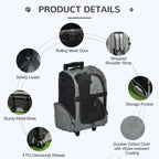 Pet Travel Backpack Bag Cat Puppy Dog Carrier w/ Trolley and Telescopic Handle Portable Stroller Wheel Luggage Bag (Grey)