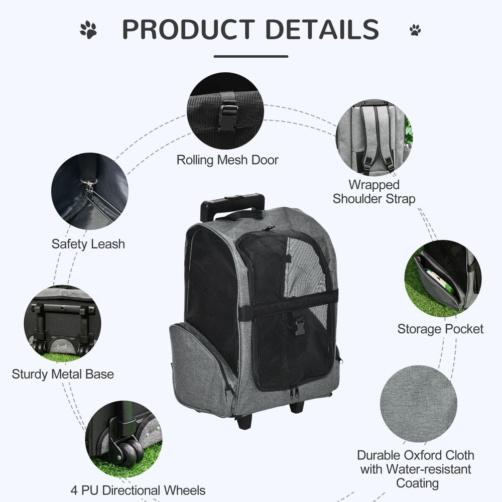 Pet Travel Backpack Bag Cat Puppy Dog Carrier w/ Trolley and Telescopic Handle Portable Stroller Wheel Luggage Bag (Grey)
