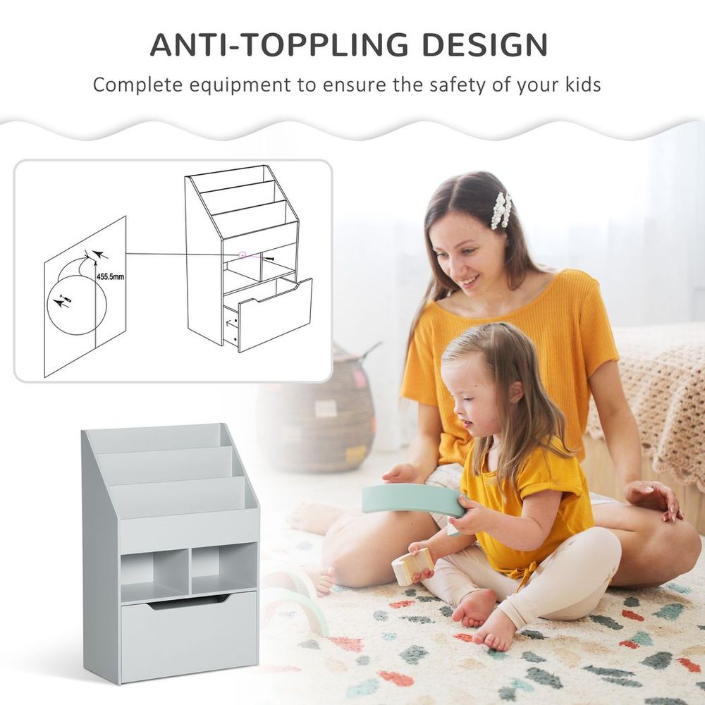 Kids Bookshelf, Toy Box w/ Storage Drawer, Wheels, for Bedroom - Grey