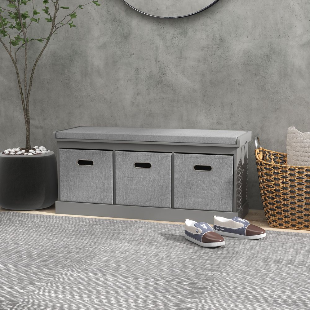 Shoe Bench with Cushioned Seat, 3 Fabric Drawers for Entryway Hallway