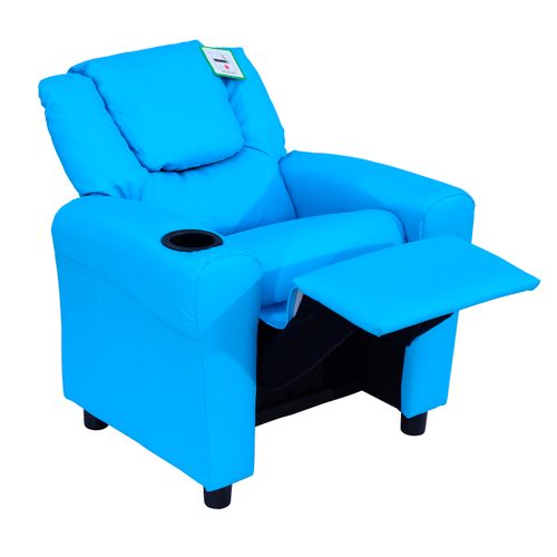 Kids Recliner, PU Leather Kids Armchair, Kids Chair, Toddler Armchair with Adjustable Backrest, Footrest, Padded Headrest, Cup Holder, Blue