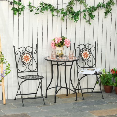 3PCs Garden Set 1 Ceramic Tile Round Table and 2 Foldable Chairs