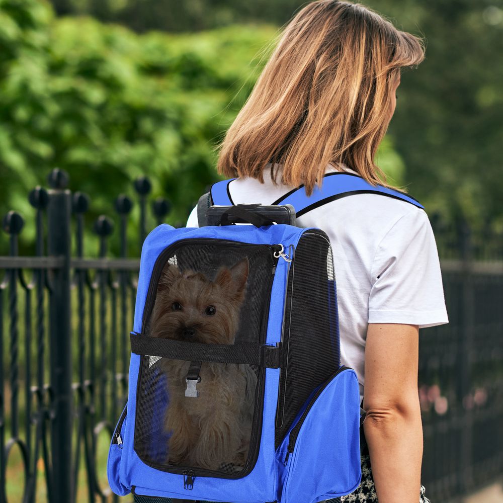 Pet Travel Backpack Bag Cat Puppy Dog Carrier w/ Trolley and Telescopic Handle Portable Stroller Wheel Luggage Bag (Blue)