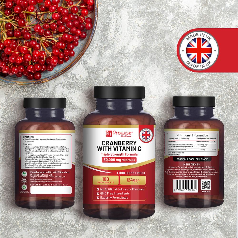 Triple Strength Cranberry 30,000mg + Vitamin C I 180 Vegan Tablets, Immune Support