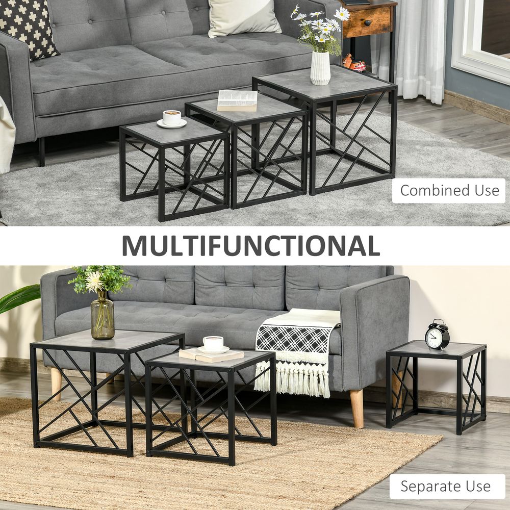Nesting Coffee Tables, Set of 3 Square Side Tables with Black Metal Frame, for Living Room, Bedroom and Office, Grey