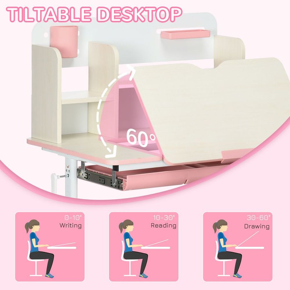 Pink Kids Desk & Chair Set - Storage Shelves & Washable Cover