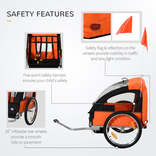 18m 2-Seat Child Bike Trailer for Kid w/ Steel Frame Seat Belt Orange