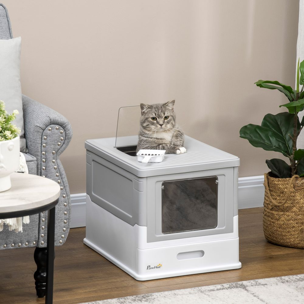 Hooded Cat Litter Box with Scoop - Portable, Privacy, Grey
