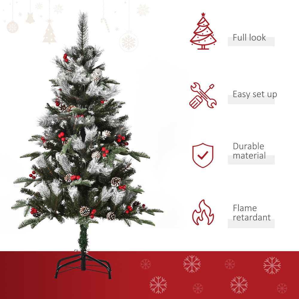 4FT Artificial Snow-Dipped Christmas Tree Foldable Berries White Pinecones Green