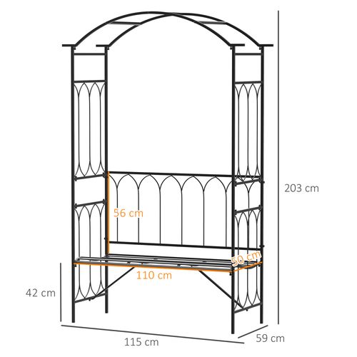 Garden Metal Arch Bench Outdoor 2-Seater Chair, Patio Rose Trellis Arbour Pergola for Climbing Plant Vintage Classic Black 115L x 50W x 203H cm
