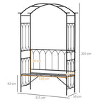 Garden Metal Arch Bench Outdoor 2-Seater Chair, Patio Rose Trellis Arbour Pergola for Climbing Plant Vintage Classic Black 115L x 50W x 203H cm
