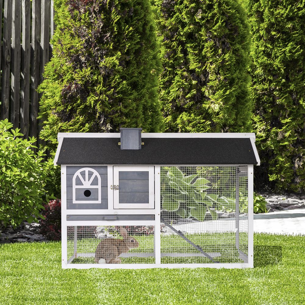 2 Tiers Rabbit Hutch and Run Wooden Guinea Hutch Outdoor with Sliding Tray, Ramp, Water-resistant Roof, for 2-4 Rabbits, Grey