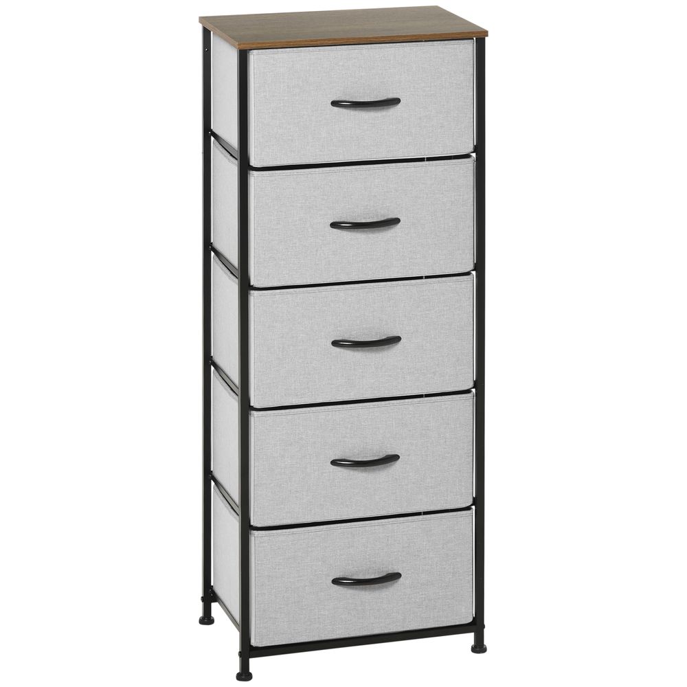 5 Drawer Fabric Chest - Wooden Top - Grey