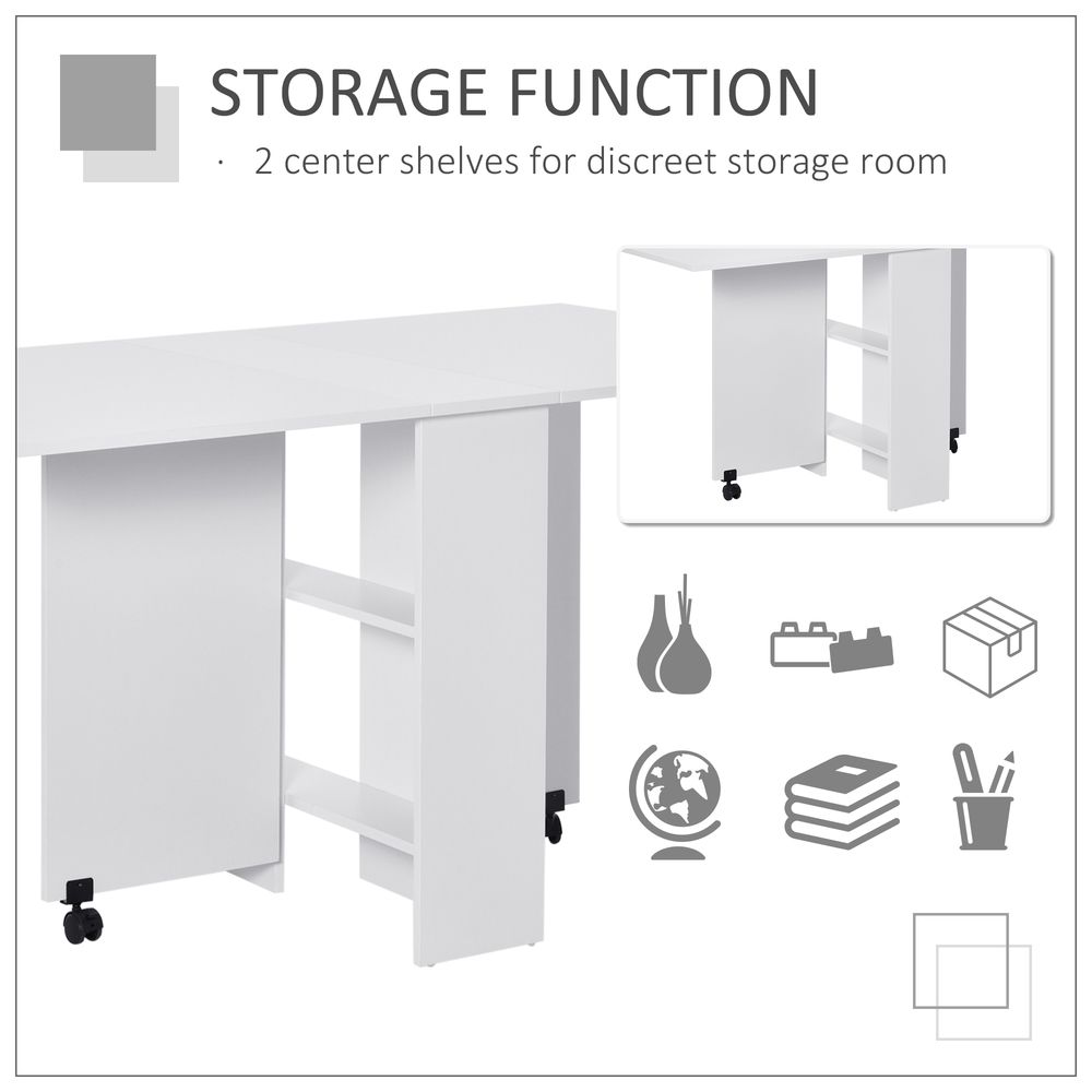 Space-Saving Folding Desk Table - Mobile Drop Leaf - Wheel Storage Shelves - White