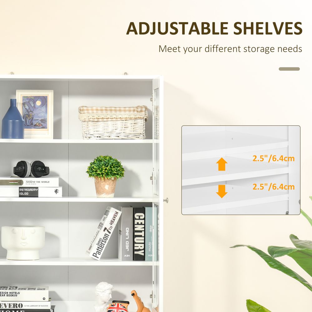 Modern Bookcase with Doors, Display Storage Cabinet with Adjustable Shelves for Living Room, Study, Office, White