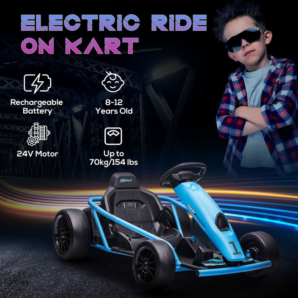 24V Electric Go Kart for Kids, Drifting Ride-On Racing Go Kart with Slow Start, Music, Horn Honking and Safety Belt, for 8-12 Years Old, Blue