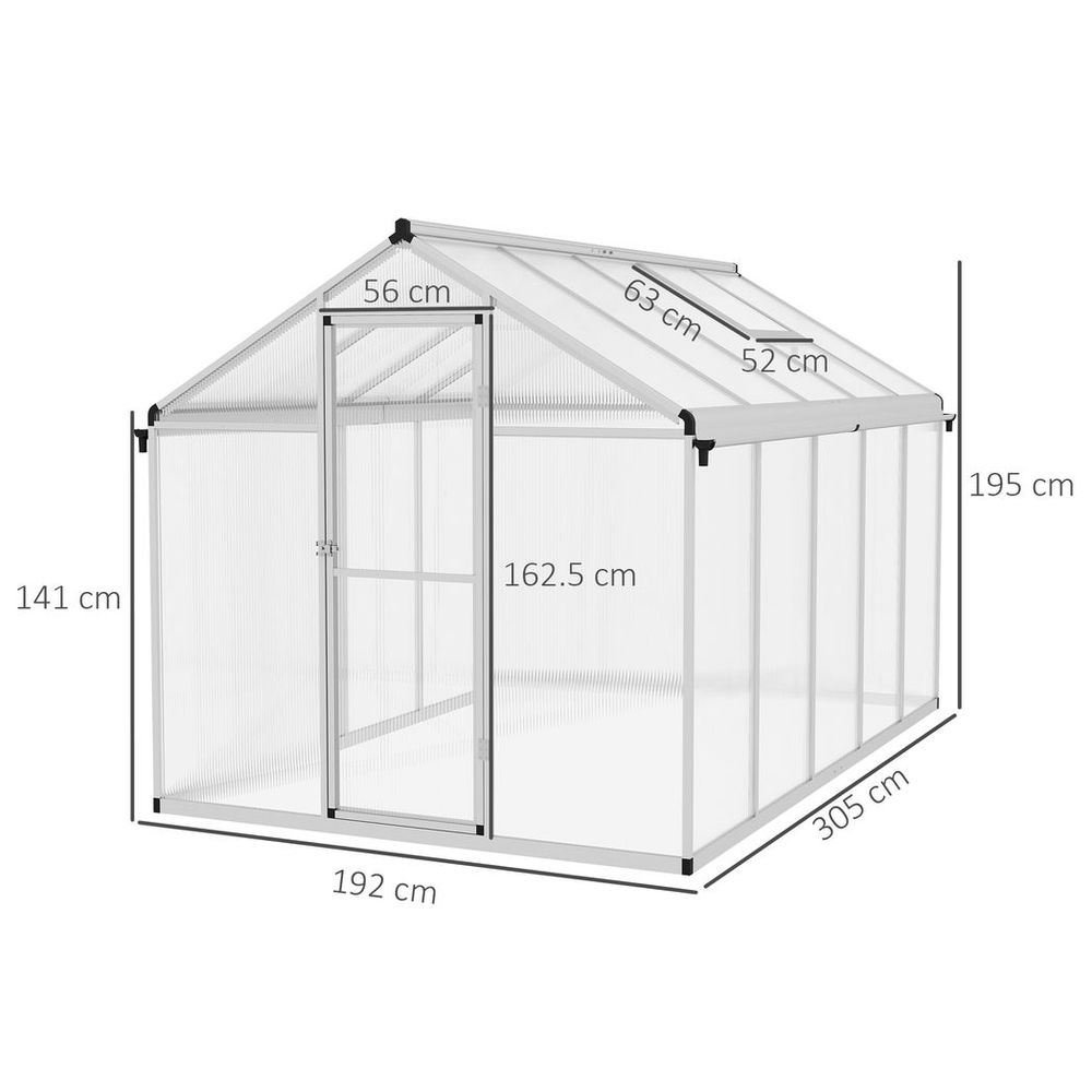 10x6ft Aluminium Greenhouse with Door, Window & Galvanised Base - PC Panel
