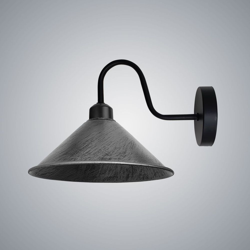 Brushed Silver Wall Light Fixture: Black Sconce, E27 Base Socket, Screw Type, Wall Mounted, Swan Neck, Cone Shape Shade