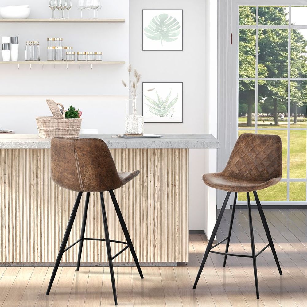 Set Of 2 Bar Stools Microfiber Cloth Tub Seats Padded Steel Brown