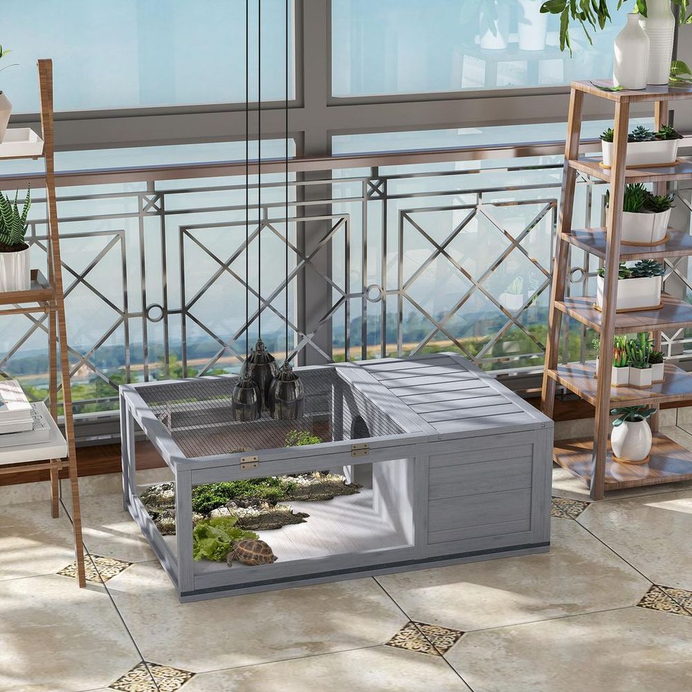 Tortoise House with Mesh Roof - Small Reptile Wooden Grey House