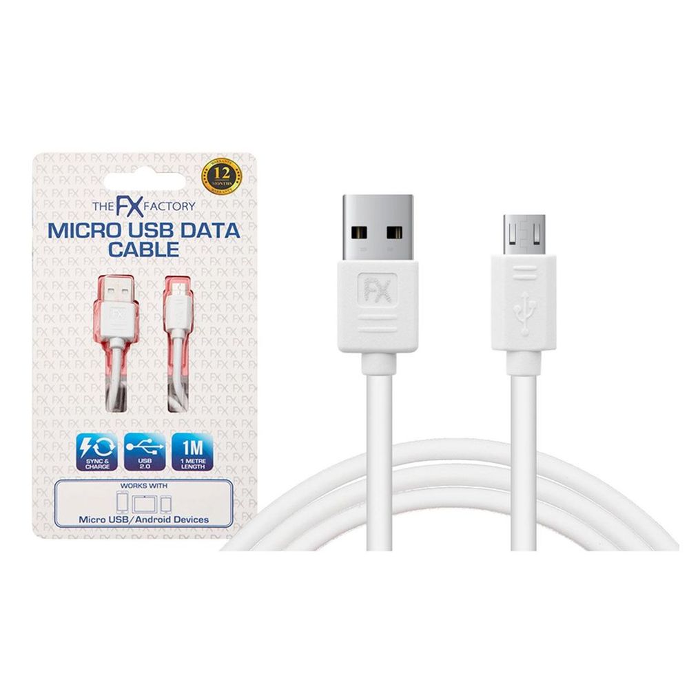 FX USB Data Cable - Fast Charge & Sync - Micro USB - White - Compatible with mobile phone, HTC, Motorola