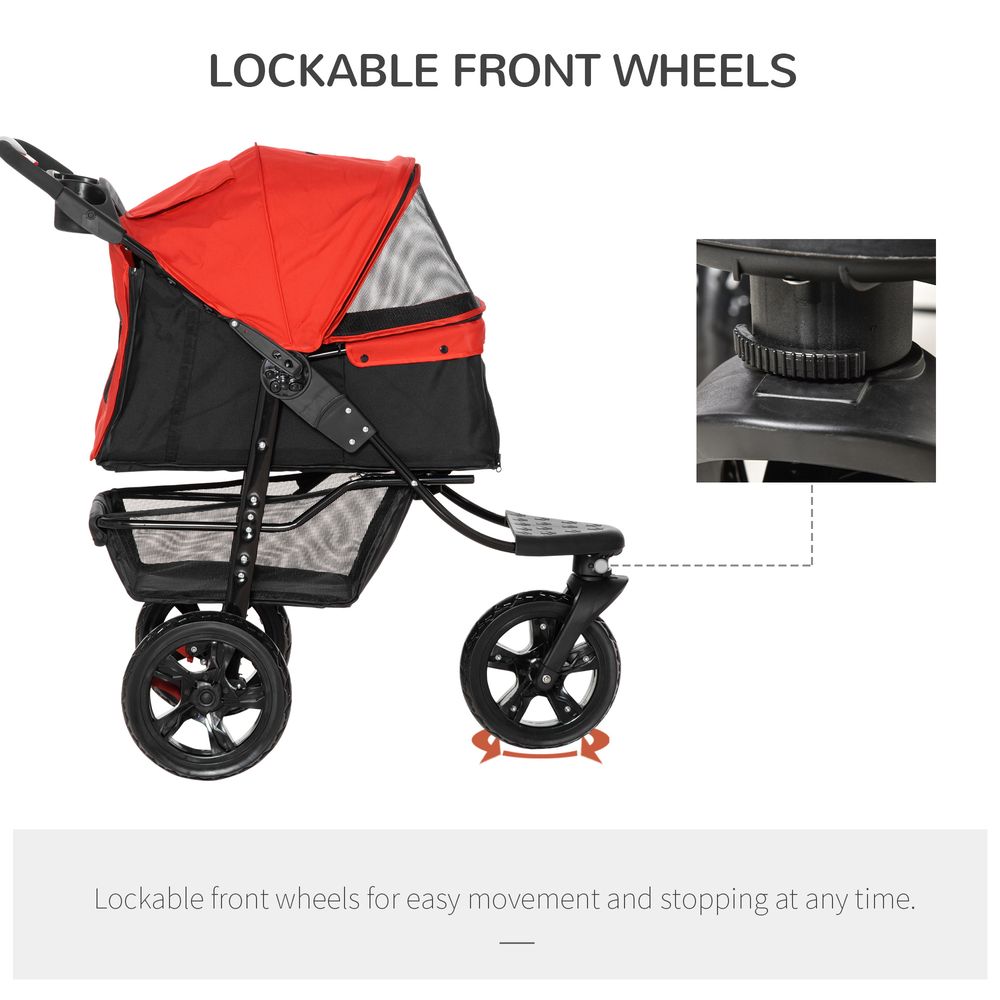 IE Located Folding Pet Stroller 3 Wheel Dog Jogger Travel Carrier Adjustable Canopy Storage Brake Mesh Window for Small Miniature Dog Cat Red