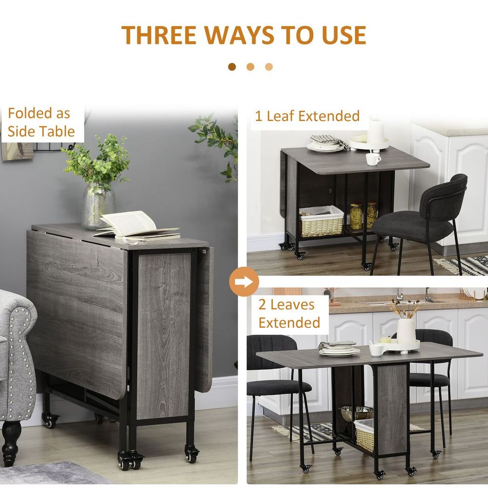 Mobile Drop Leaf Table Folding Kitchen Table Extendable Dining Table For Small Spaces With 6 Wheels & Storage Shelf Grey