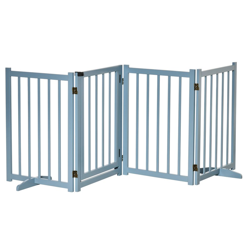 Freestanding Pet Gate for Small and Medium Dogs, Wooden Foldable Dog Safety Barrier with 4 Panels, 2 Support Feet, 80 cm Tall for Doorways, Stairs Blue-grey