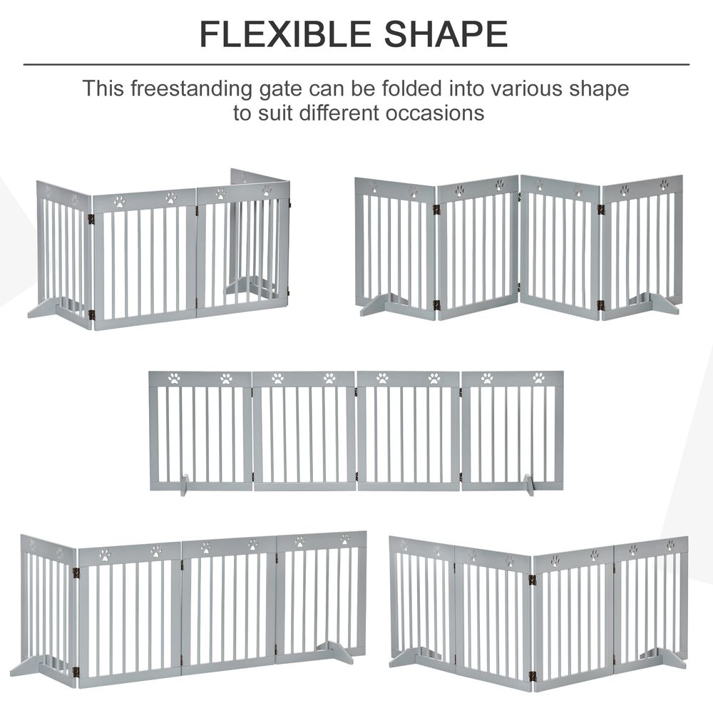 Dog Barrier 4-Piece 204 x 61 cm Foldable Door Safety Gate with 2 Support Feet, Freestanding Dog Gate, Wooden Stair Gate for Hallway, Stairs, Light Grey