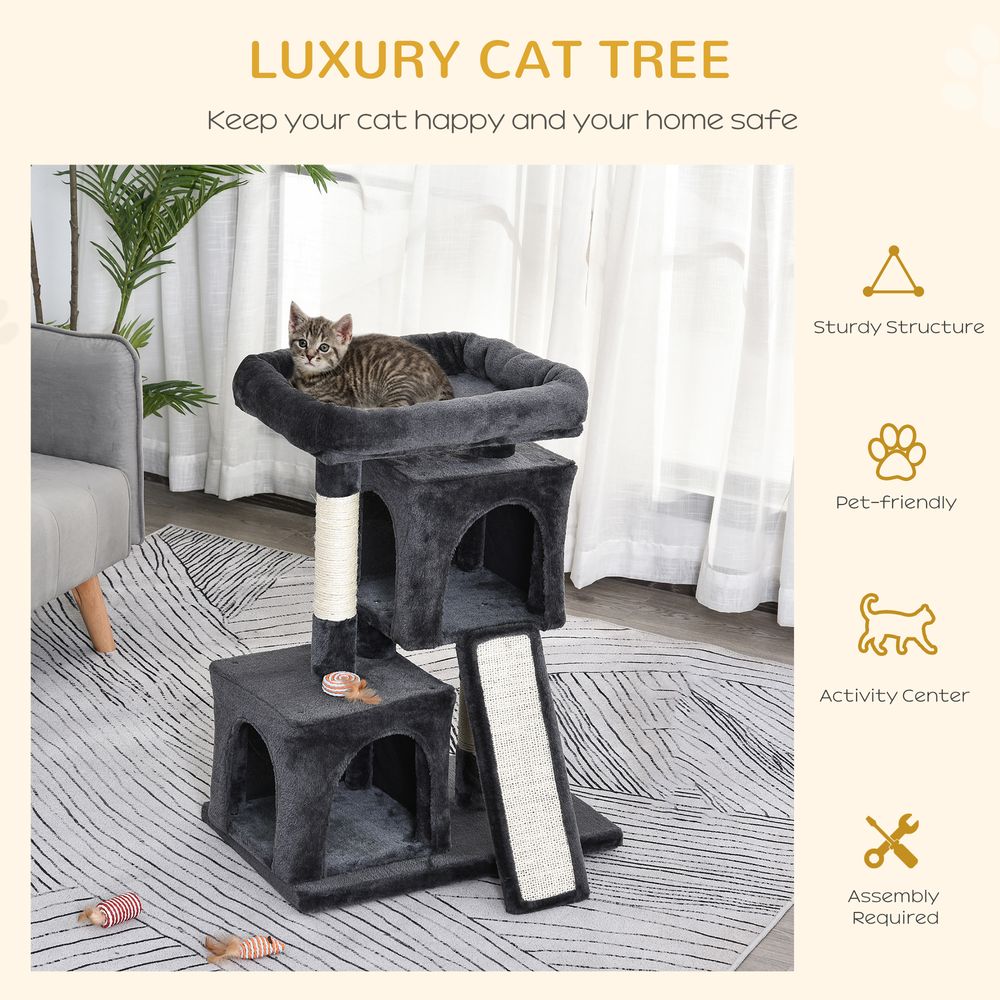 Cat Rest & Play Tree - 2 House Perch Scratching Post, Durable - Black