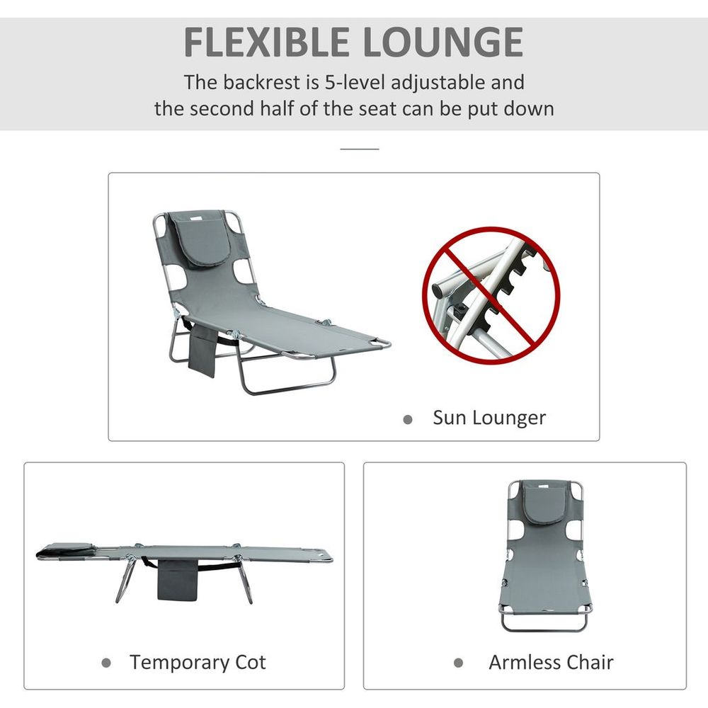 Portable Adjustable Beach Chaise Lounge with Face Cavity - Grey