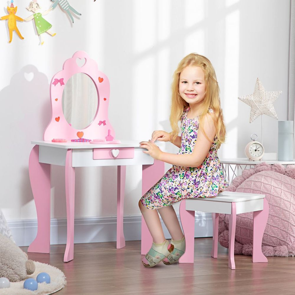 Kids Vanity Set w/ Mirror, Drawer, Cute Patterns, for Girls - Pink