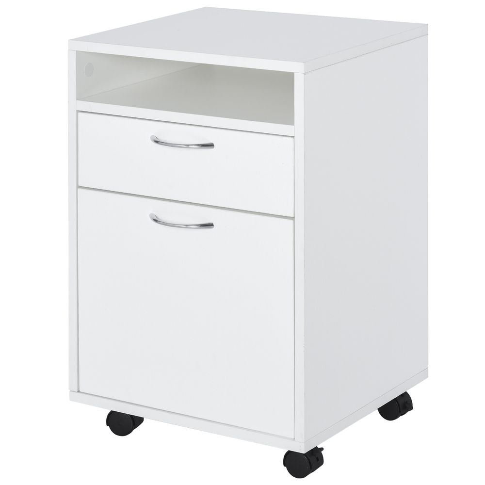 60cm Storage Cabinet w/Drawer Open Shelf Metal Handles 4 Wheels Office Home Organiser Mobile Printer White