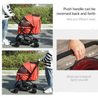 Dog Stroller, Pet Stroller, Foldable Dog Cat Travel Pushchair with Reversible Handle, EVA Wheels, Brake, Basket, Adjustable Canopy, Safety Leash, for Small Dogs, Red
