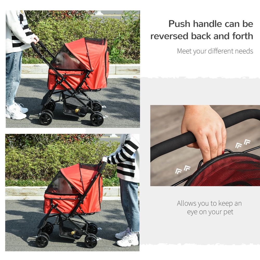 Dog Stroller, Pet Stroller, Foldable Dog Cat Travel Pushchair with Reversible Handle, EVA Wheels, Brake, Basket, Adjustable Canopy, Safety Leash, for Small Dogs, Red