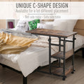 Industrial Mobile Sofa Side Table C-Shaped Rolling Couch Table with 3-Tier Storage Shelving Four Lockable Wheels Steel Frame - Brown